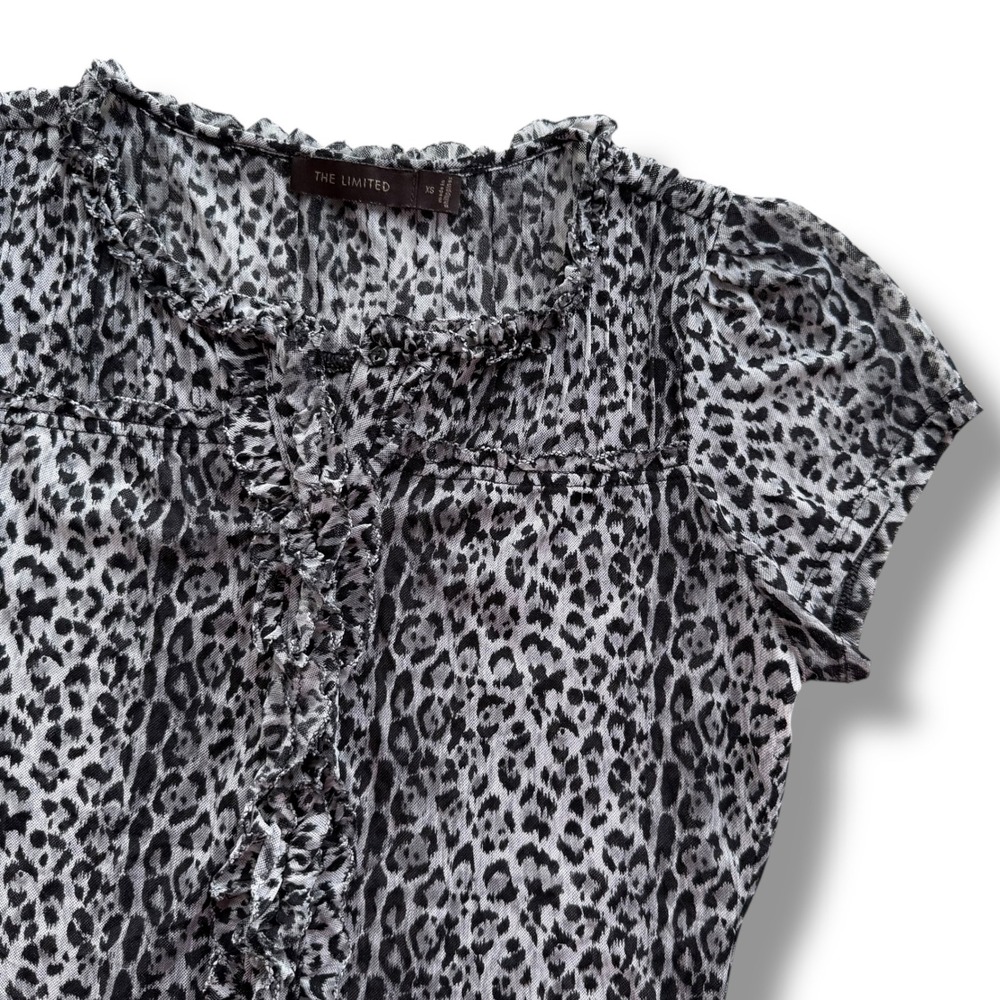 The Limited XS Gray Snow Leopard Print Sheer Mesh Ruffle Button Front Blouse Y2K